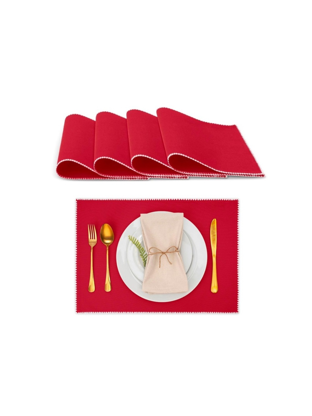 6 Piece Qualissculina Cotton Placemats - 13x19 Inch, Red with White Border
